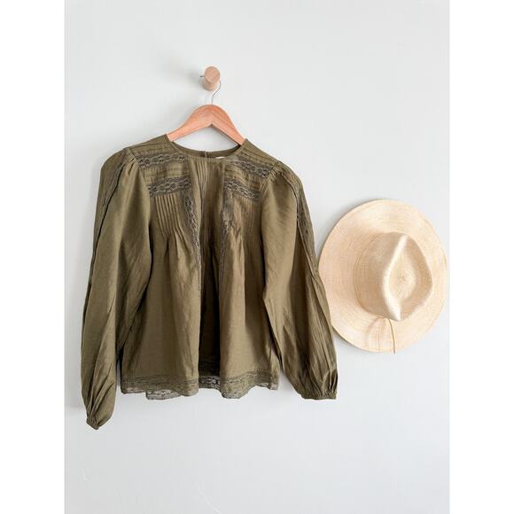 Madewell | NWT  Lace-Insert Pintucked Long-Sleeve Top Faded Ivy | Sz M - Picture 2 of 12